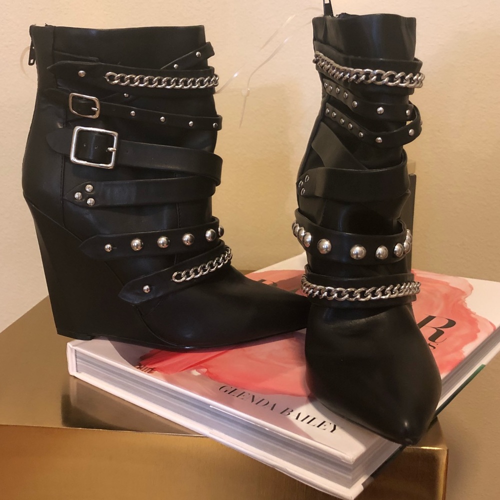 Brand new silver black wedge booties